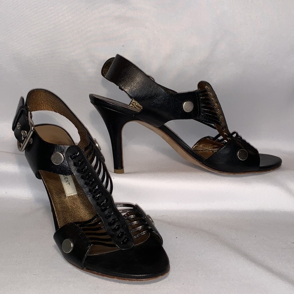 Cynthia Vincent strappy stiletto pump open toe size 7 black leather - Picture 1 of 8